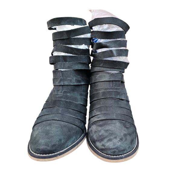 Black Leather Strappy Ankle Boots Free People Hybrid Size EU 39 Cage Bootie Zip - Picture 2 of 13